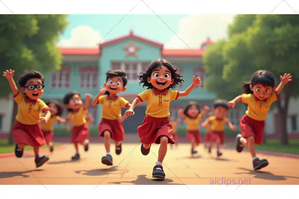 Excited Indian School Kids Running Outside