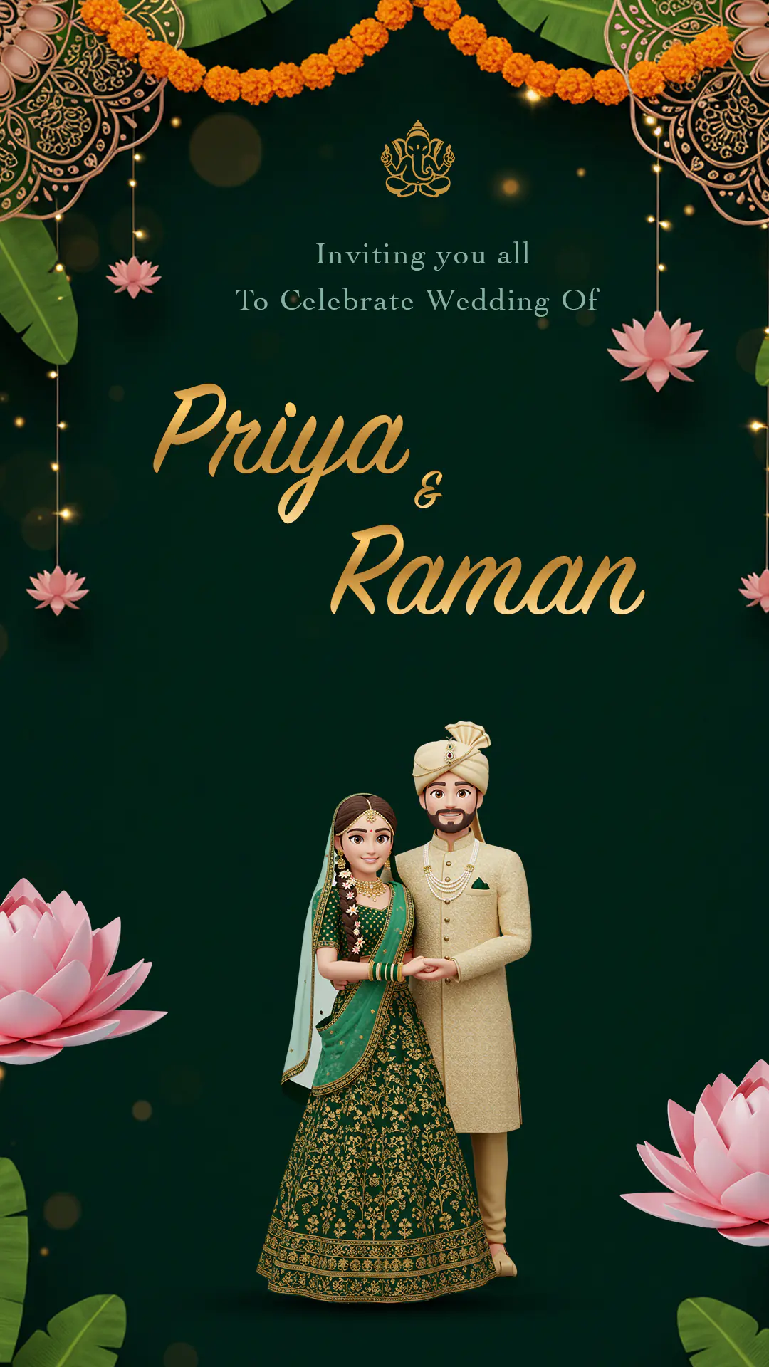 Dark Green 3D Indian Wedding Invitation Template with Lotus Theme and Traditional Cartoon Couple