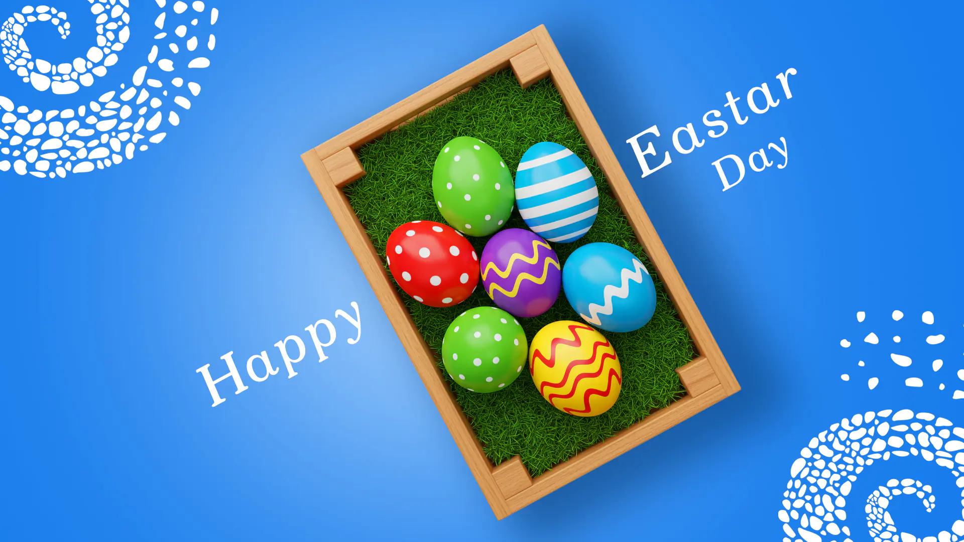 Colorful Happy Easter Day Greeting Template with Decorated Eggs on Grass
