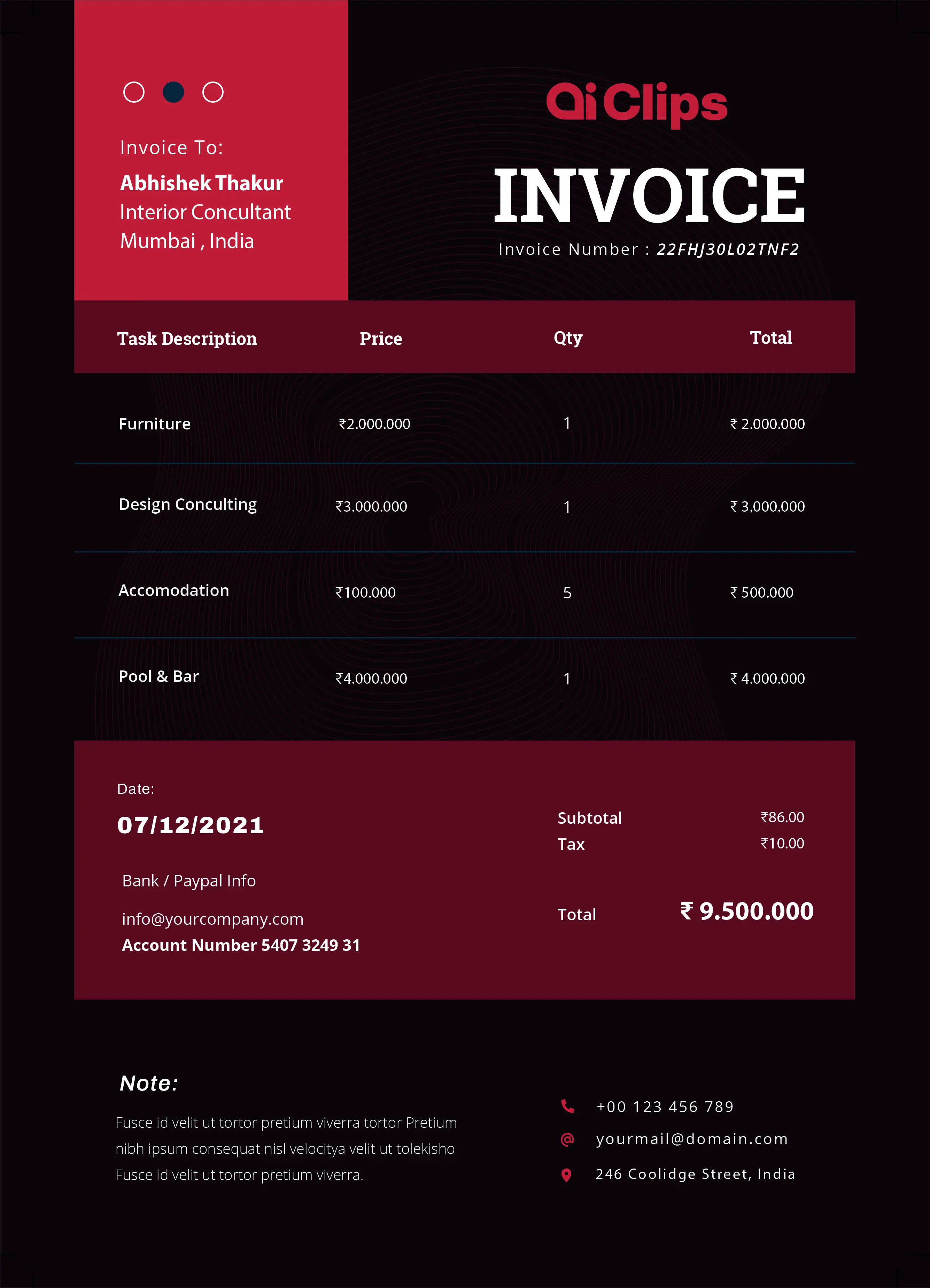 Dark Theme Invoice PSD Template – Professional Billing & Payment Design