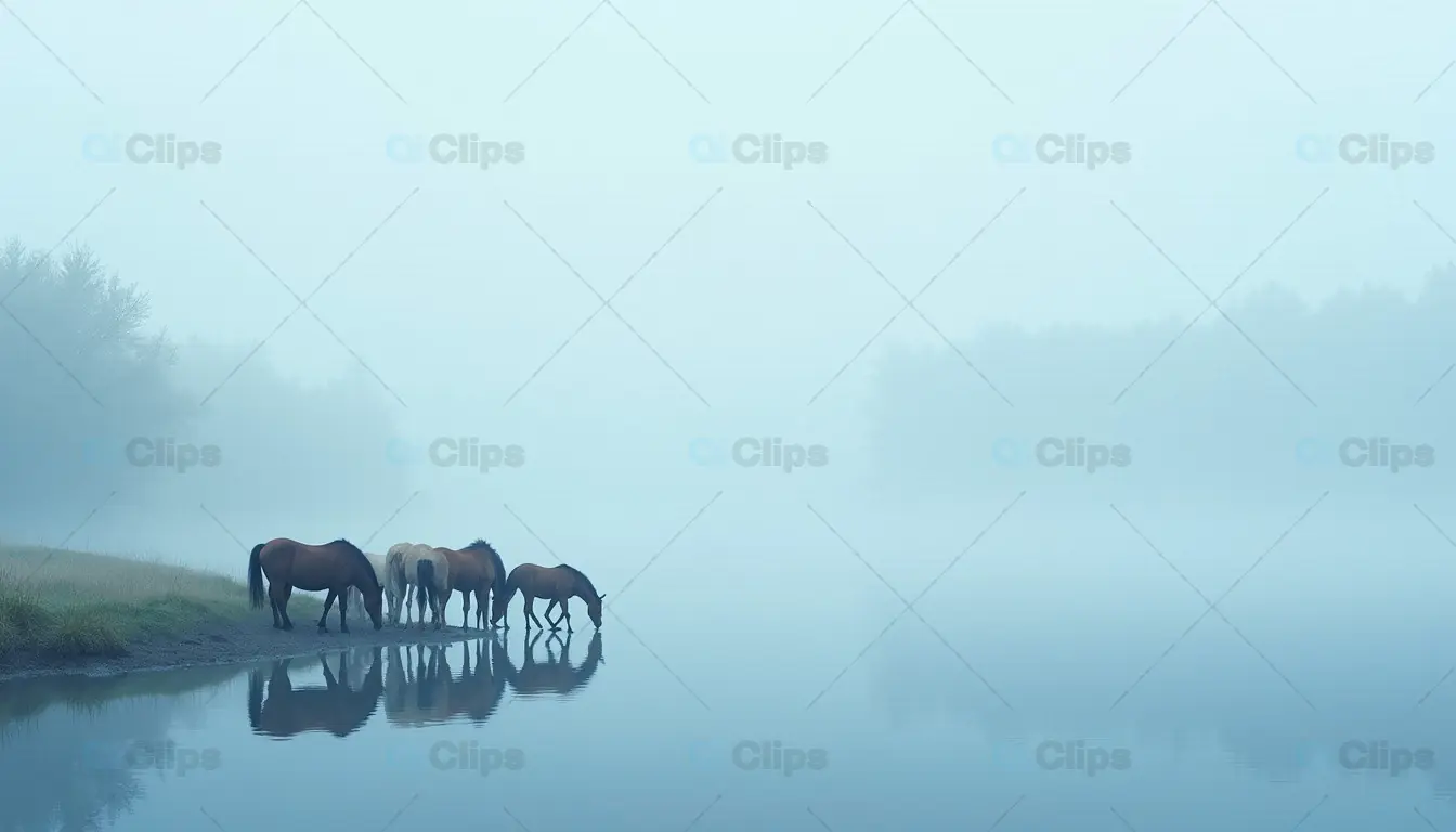Horses by the Lake in a Serene Misty Landscape