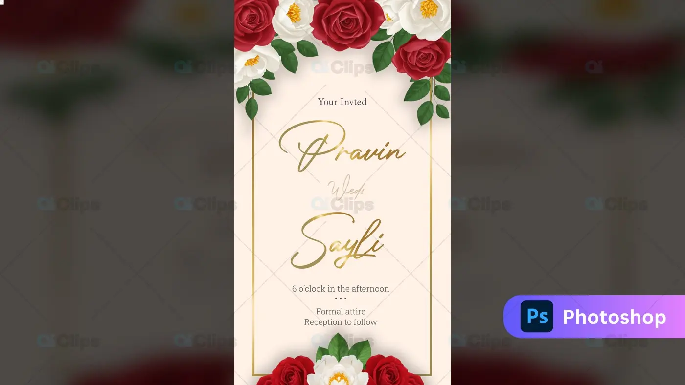 Elegant Wedding Invitation with Red and White Roses Border