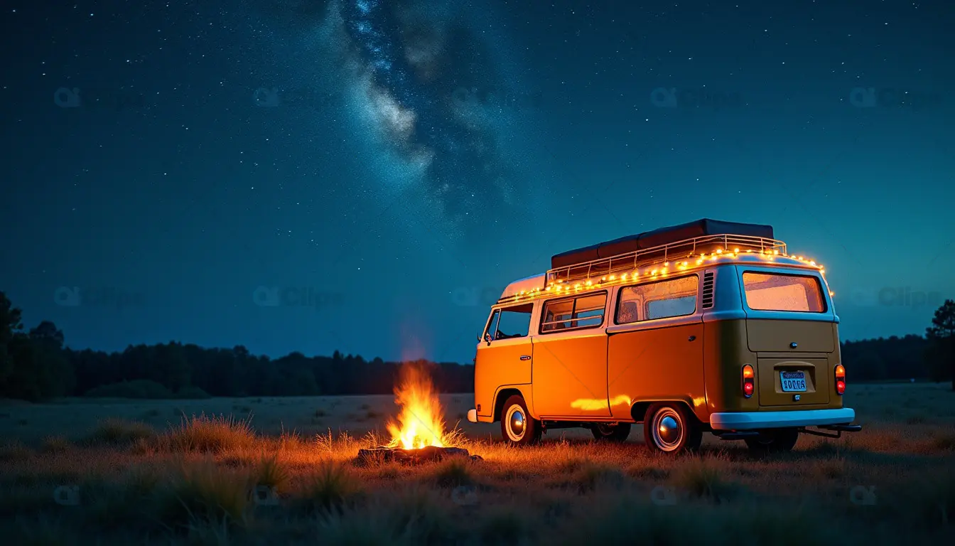 Vintage Camper Van Under Milky Way Sky with Campfire