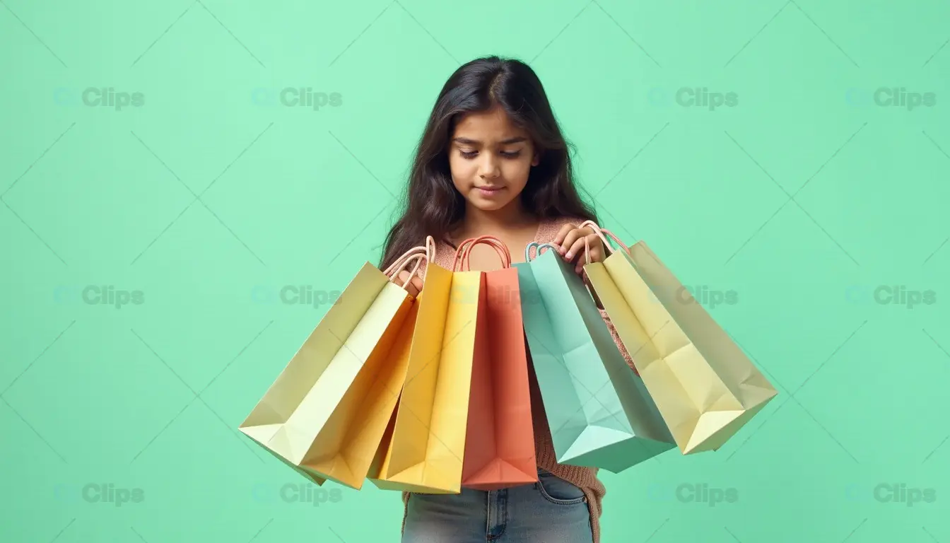 Young Girl with Colorful Shopping Bags on Green Background