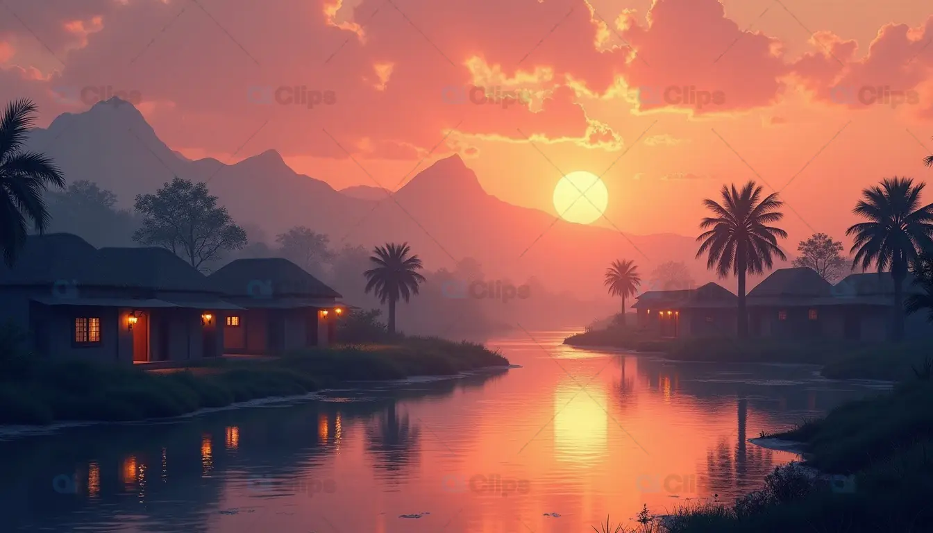 Sunset Over Tranquil River Village