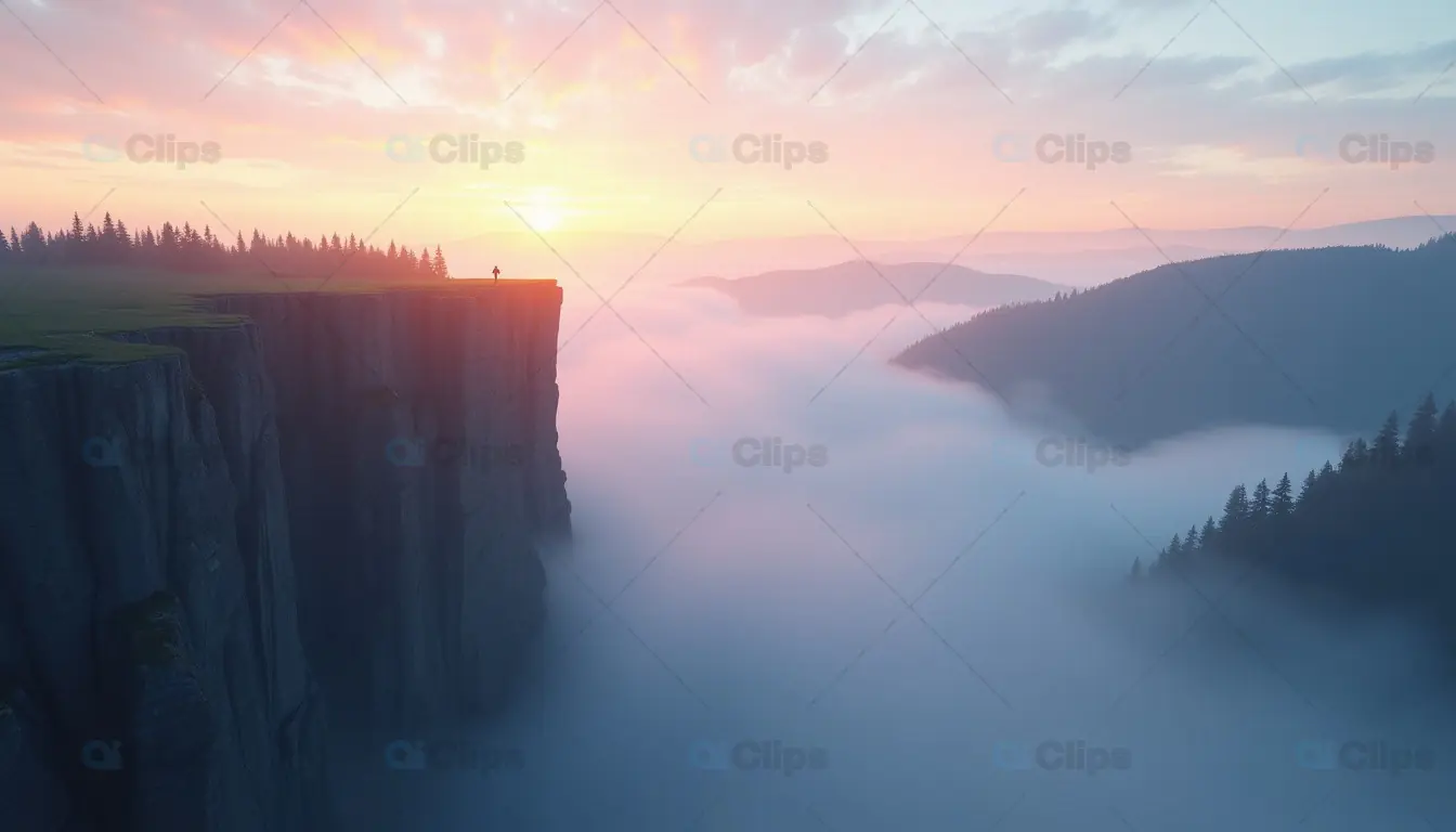Sunrise Over Mountain Cliff and Misty Valley