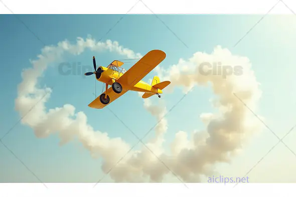 Yellow Vintage Biplane with Heart-Shaped Smoke Trail in Sky