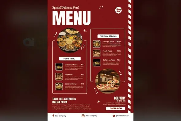 Modern Red Restaurant Food Menu Template with Photo Elements