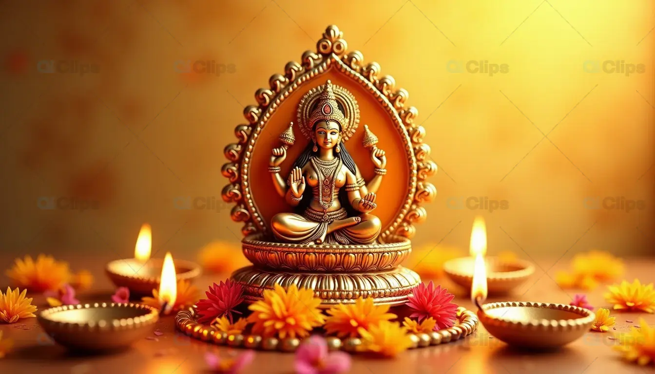 Lakshmi Puja Setup with Lit Diyas and Flowers
