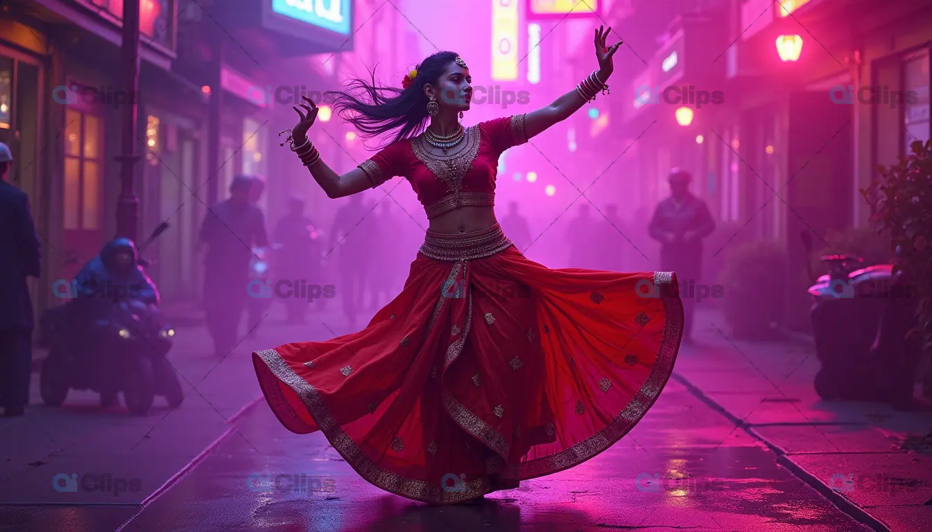 Indian Dancer in Red Lehenga Amidst Neon City Lights