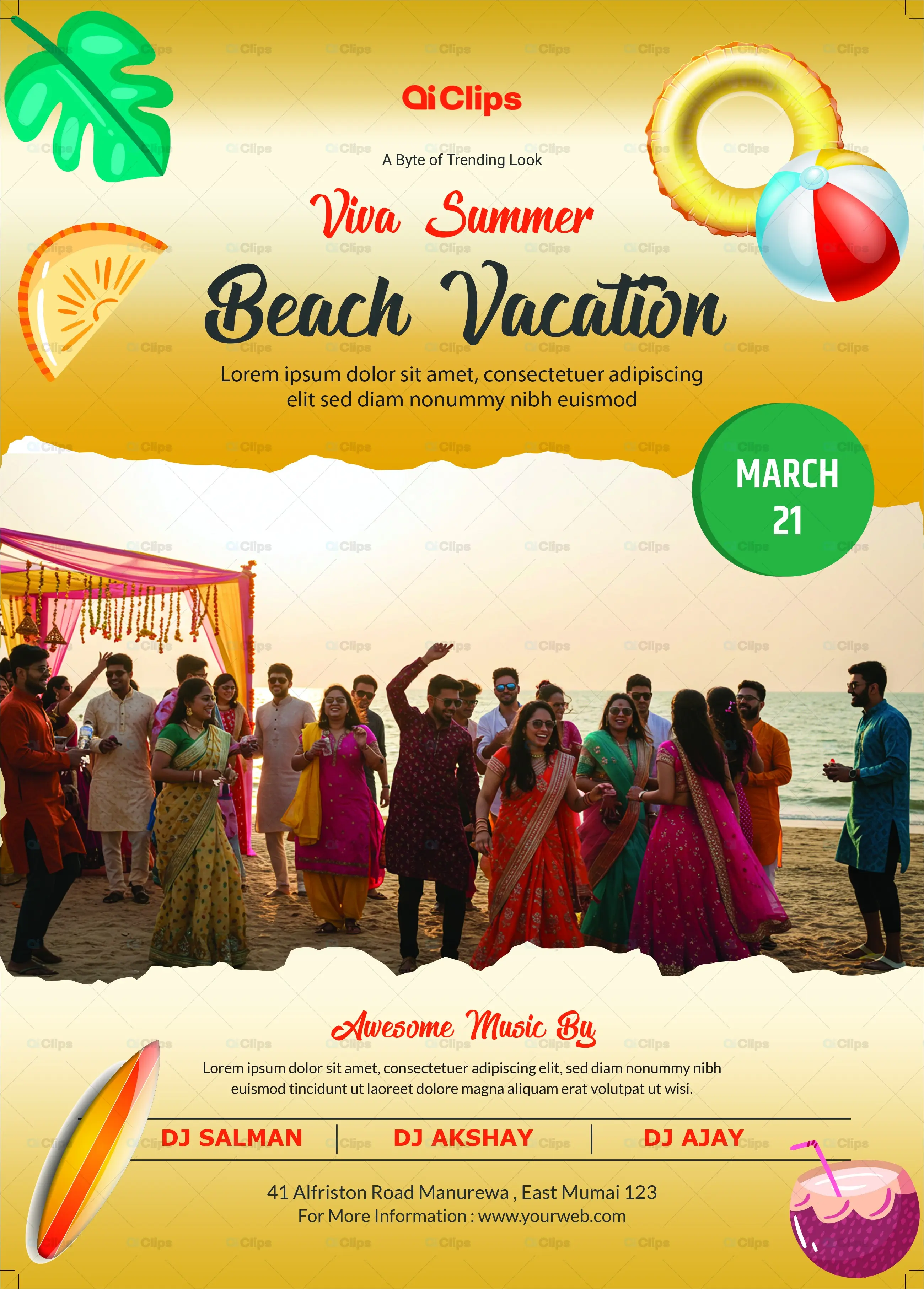 Beach Vacation Party Flyer Template with Summer Elements