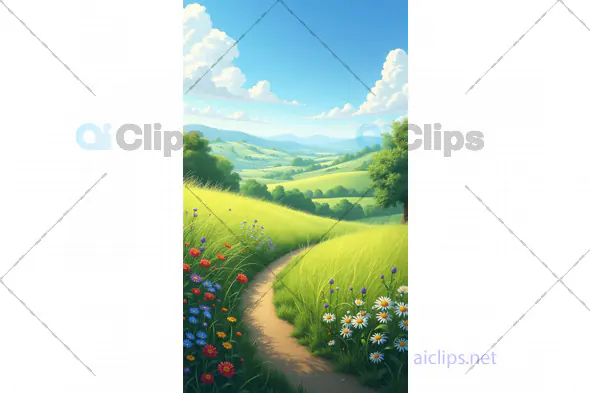 Sunny Landscape with Path and Wildflowers