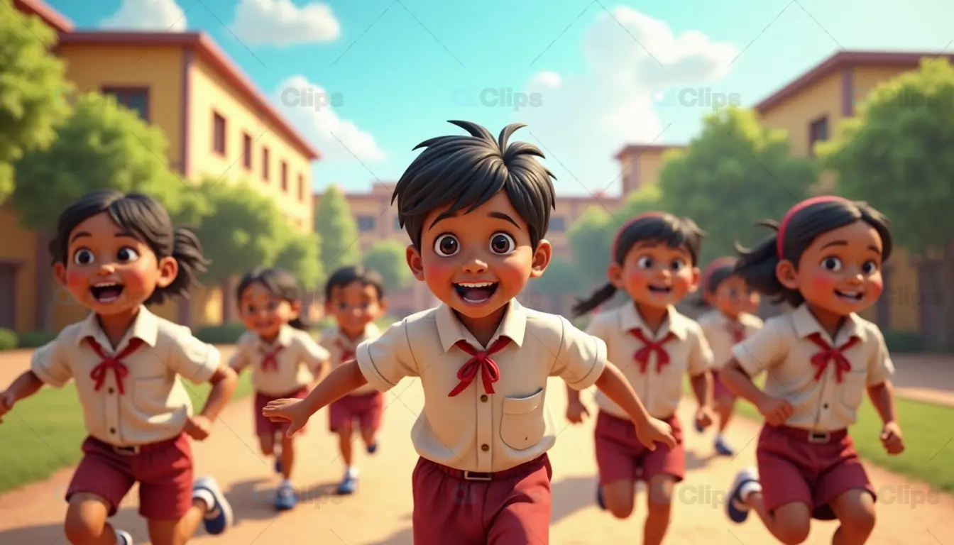 Joyful Indian School Children Running Outdoors