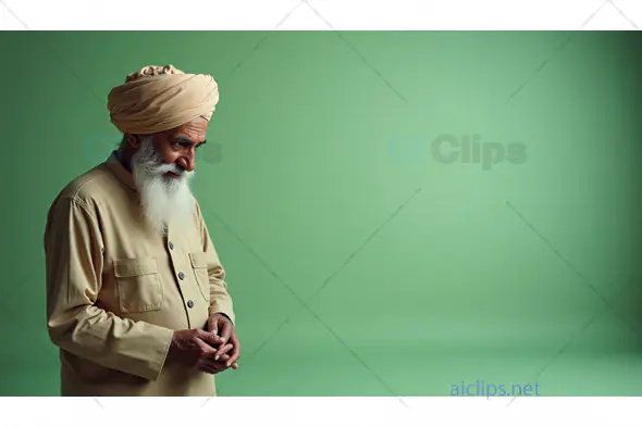 Thoughtful Elderly Indian Man in Beige Turban on Green Background