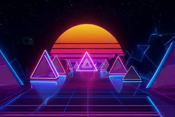 Neon Retro-Futuristic Synthwave Landscape with Glowing Triangles