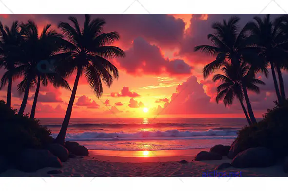 Tropical Sunset Beach with Palm Trees – Vibrant Ocean Horizon