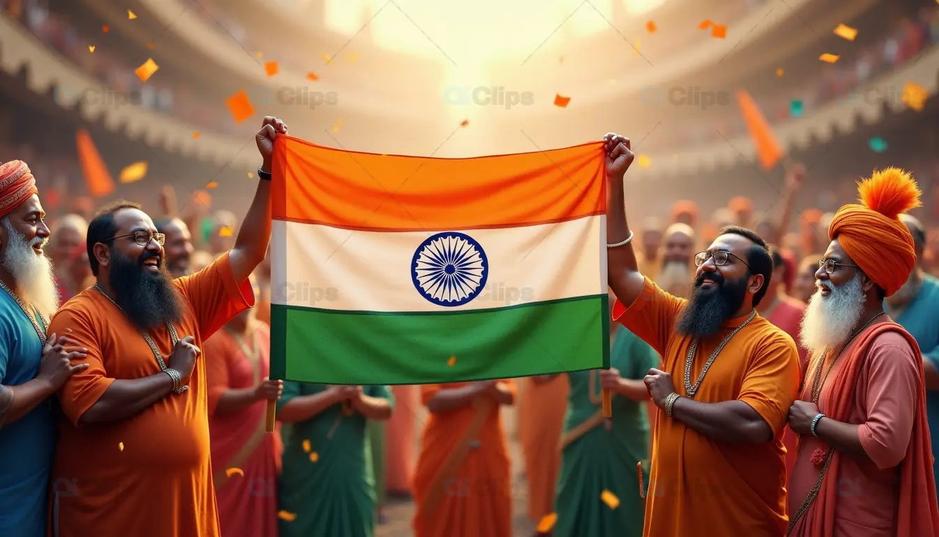 Proud Indian Men Holding National Flag at a Festive Celebration