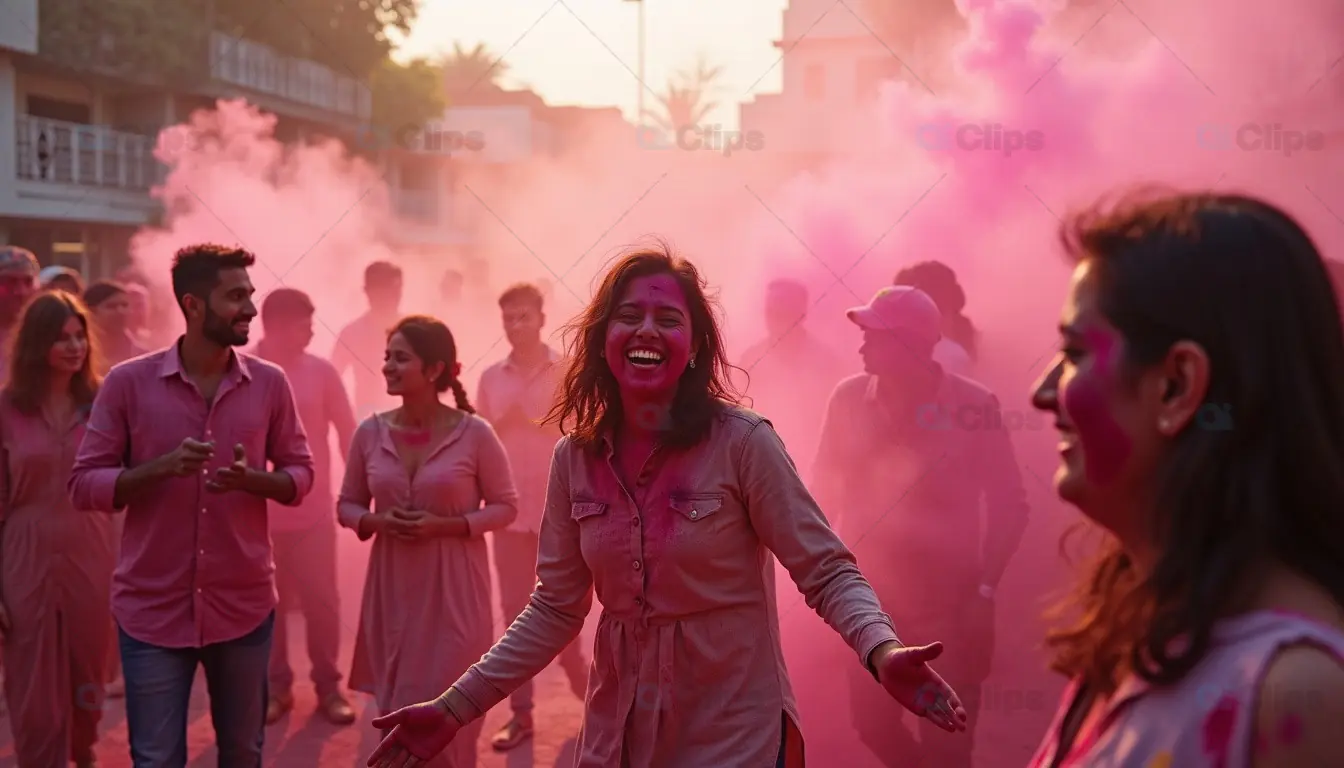 Exciting Holi Celebration with Joyful Participants and Colorful Powder