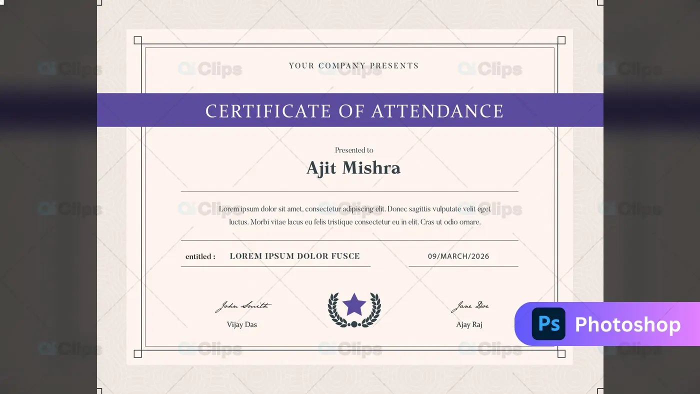 Elegant Purple Attendance Certificate Template with Star Emblem
