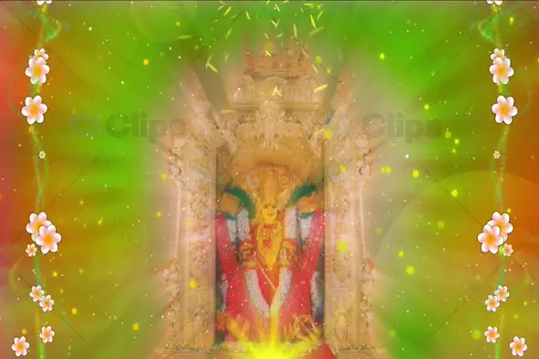 Glowing Hindu Deity in Temple with Vibrant Light Rays and Floating Flowers Animation