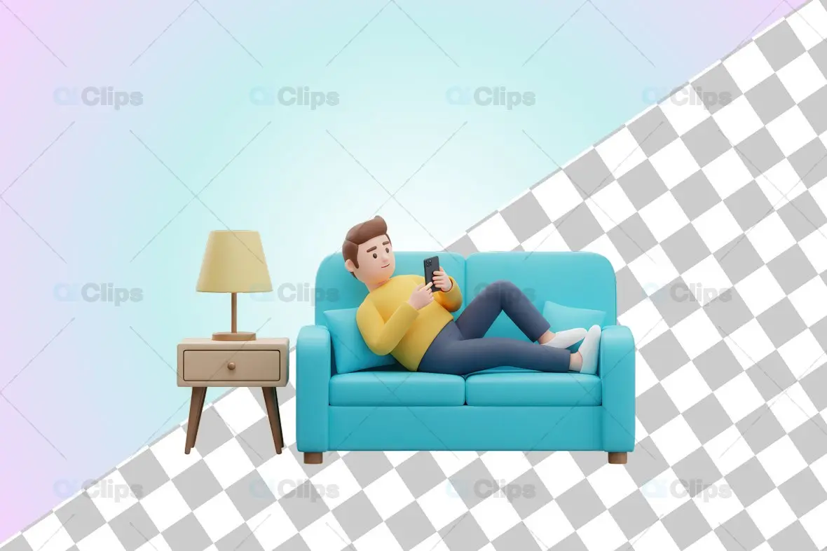 3D Relaxed Man on Couch with Smartphone