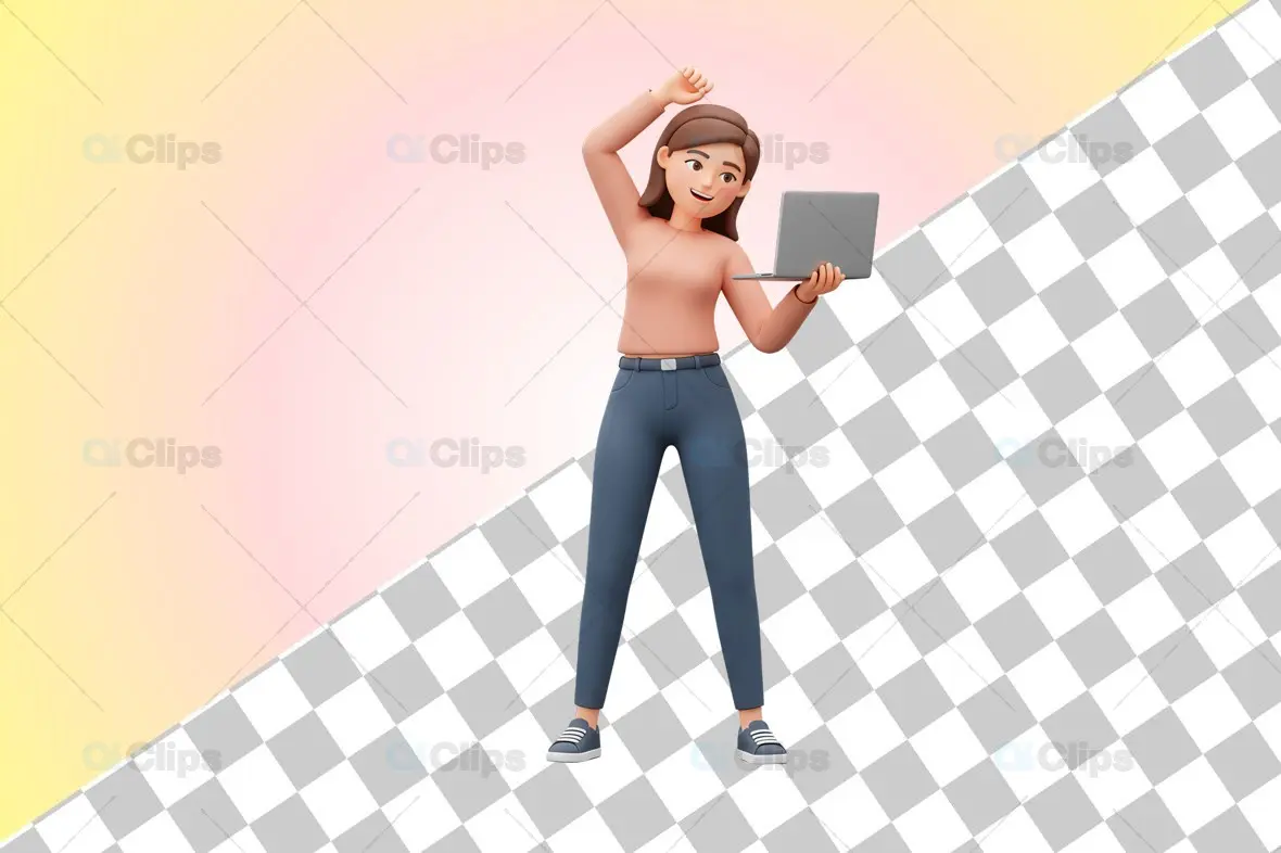 3D Happy Woman with Laptop