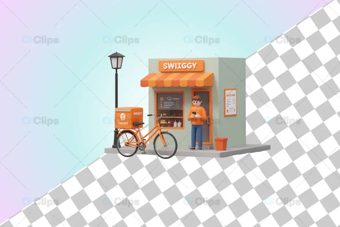 Swiggy-Themed 3D Delivery Storefront Illustration