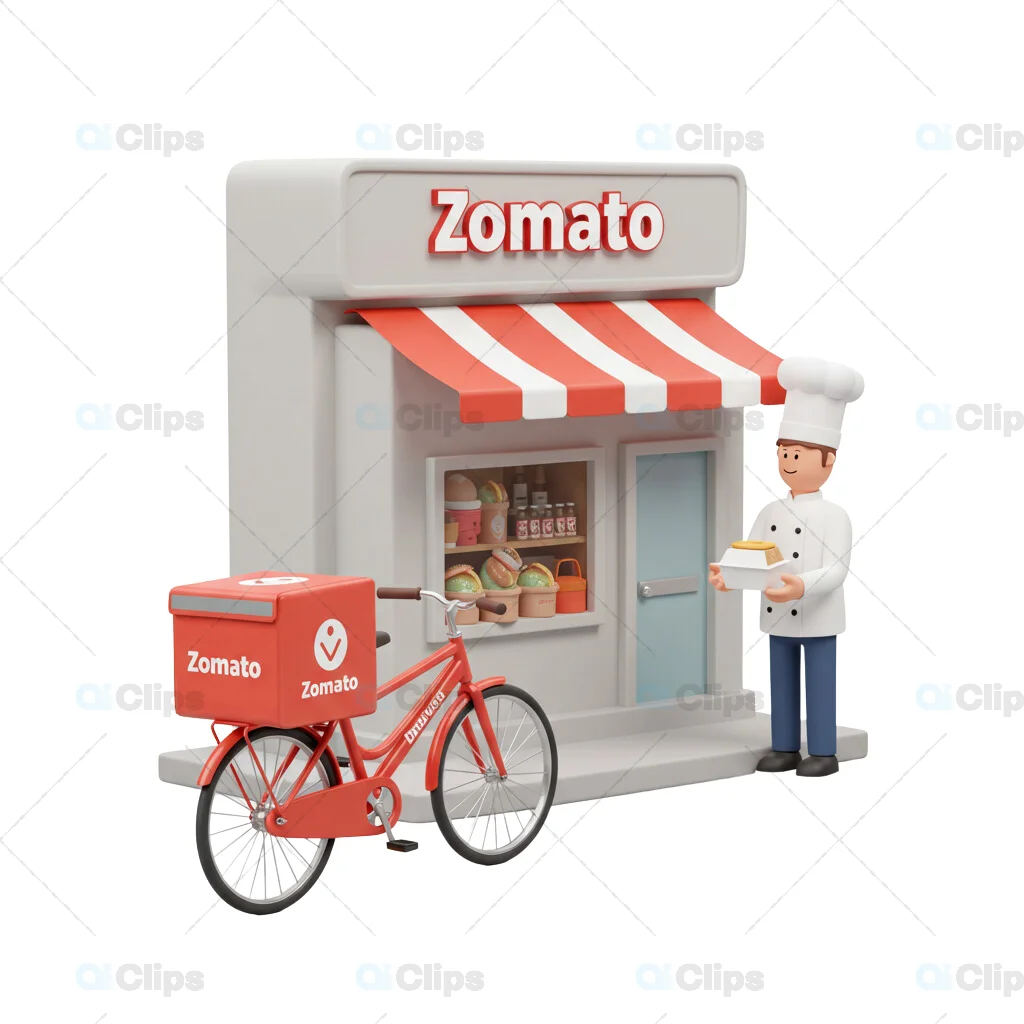 Zomato Food Delivery Outlet with Chef and Bicycle 3D Model