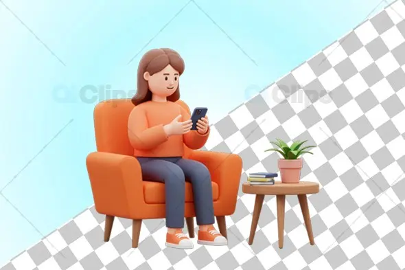 3D Woman Sitting in Orange Chair Using Smartphone