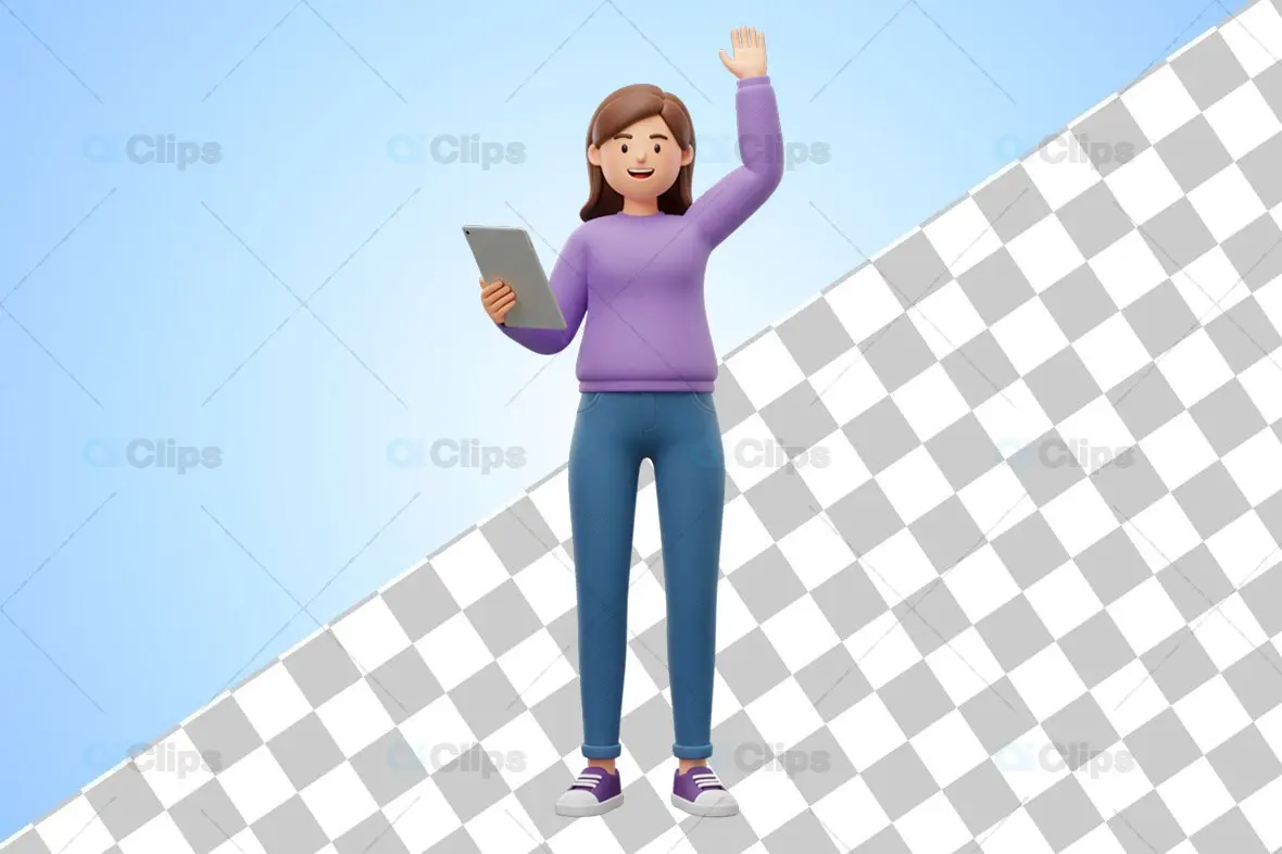 3D Female Character Waving with Tablet