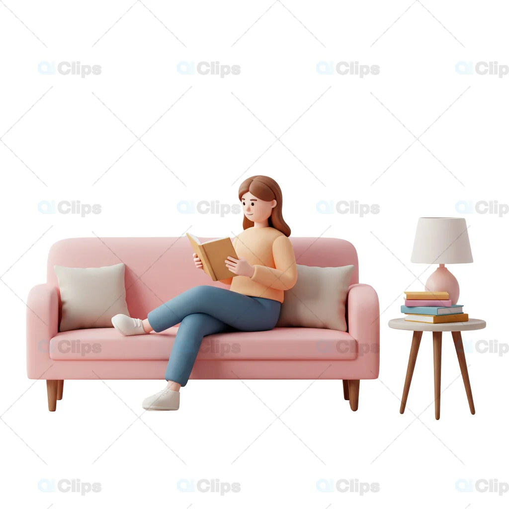 3D Female Character Reading on a Sofa