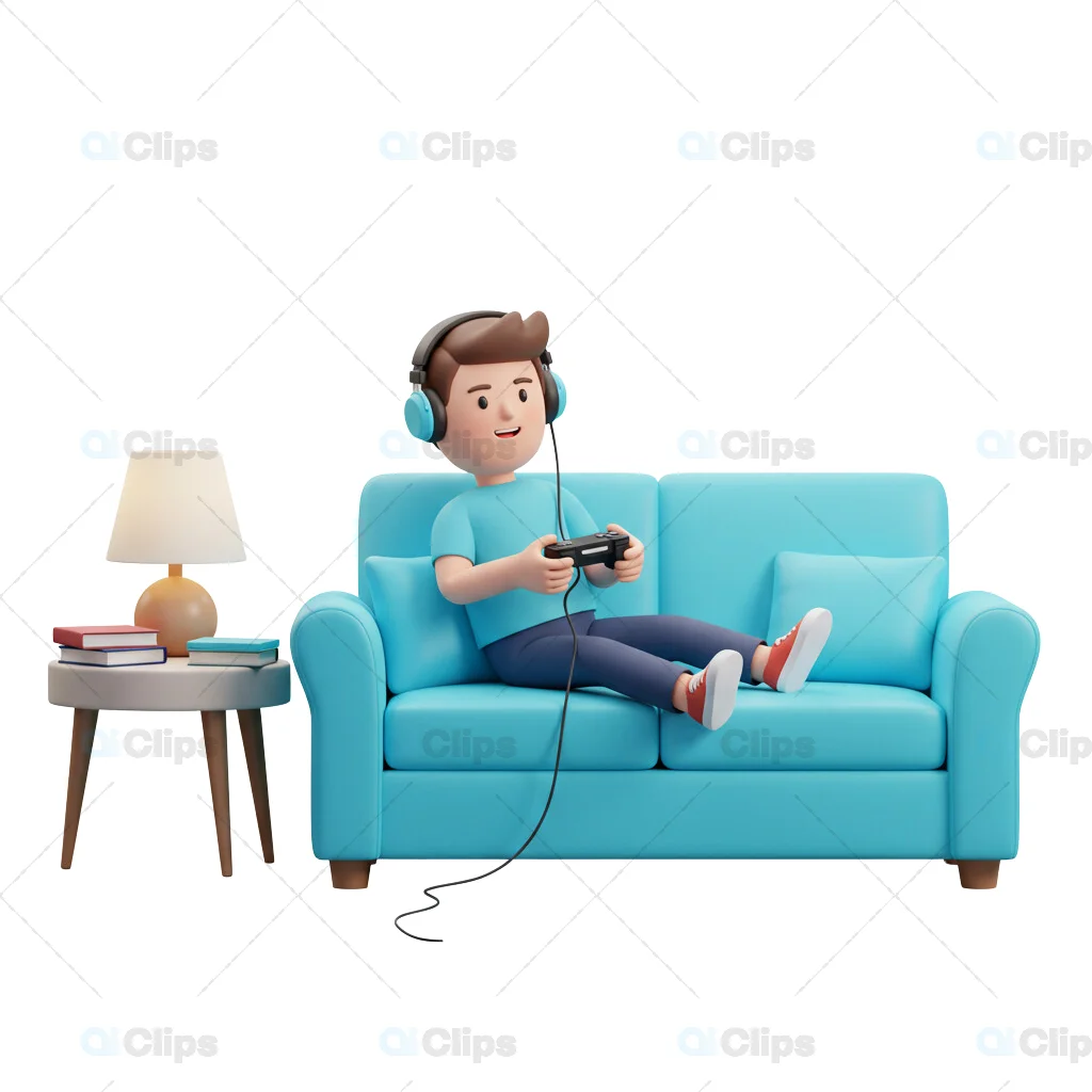 3D Gamer on Couch with Headphones