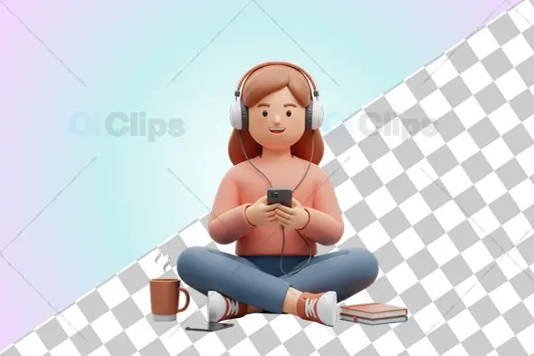 3D Female Character Relaxing with Headphones and Smartphone