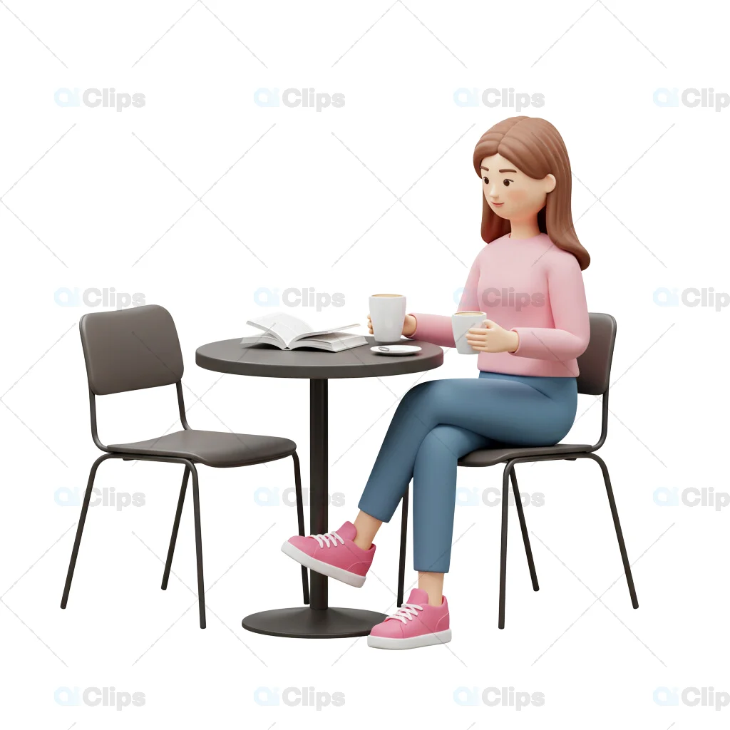 3D Female Character Relaxing with Coffee in Café
