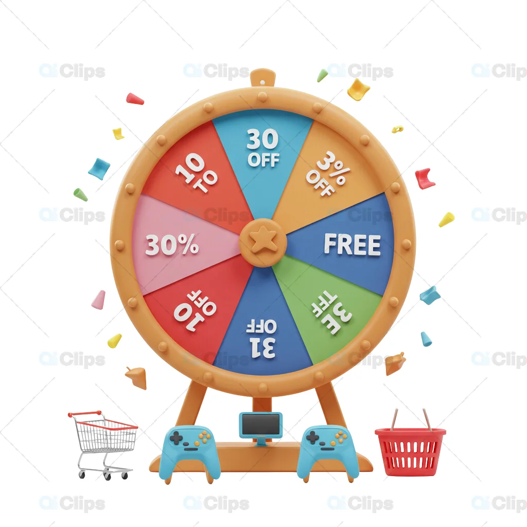 3D Discount Spin Wheel with Shopping and Gaming Elements