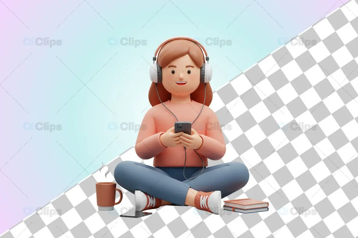 3D Female Character Relaxing with Headphones and Smartphone