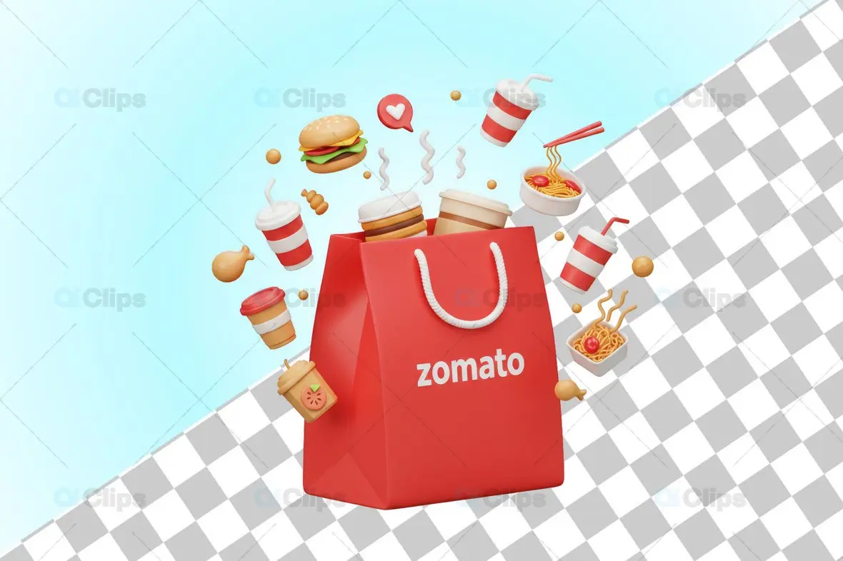 Zomato Red Delivery Bag with Floating Noodles and Drinks