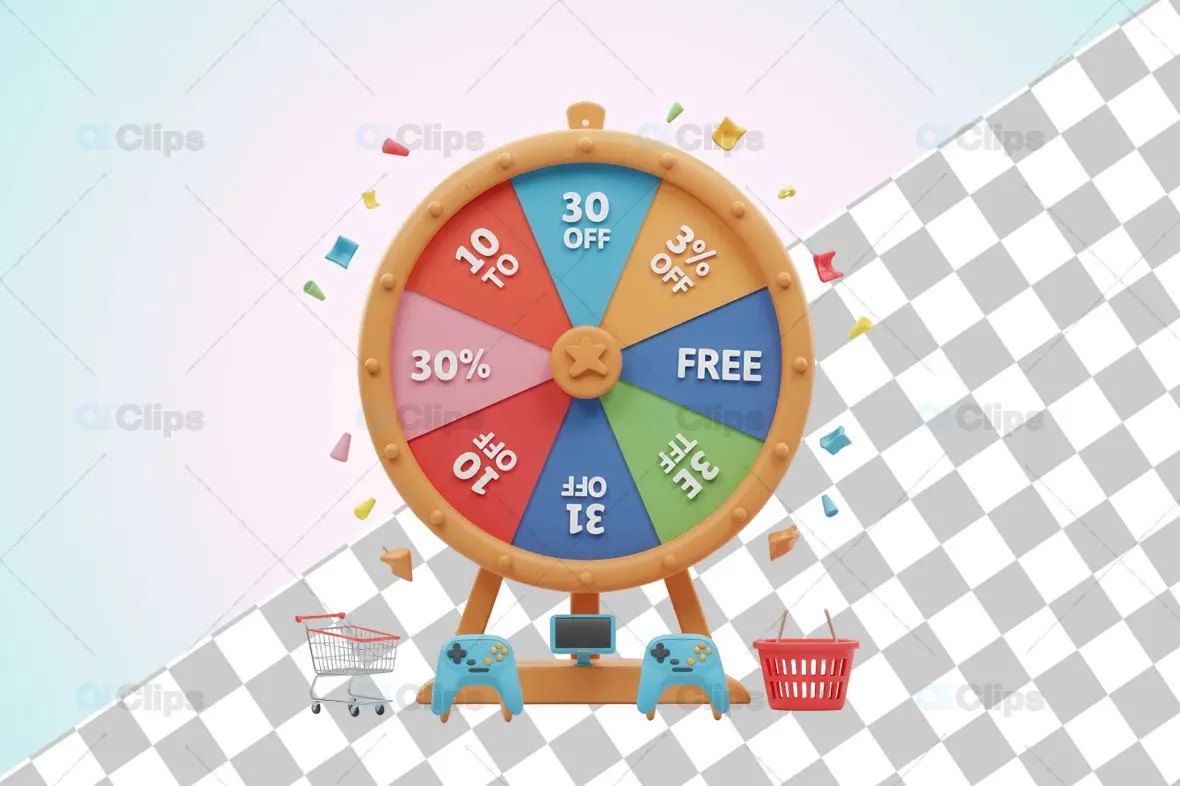 3D Discount Spin Wheel with Shopping and Gaming Elements