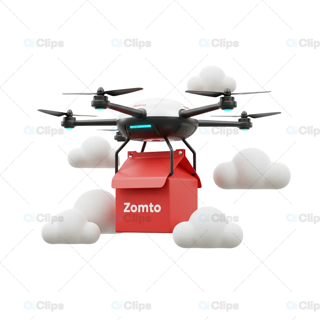 Modern Drone Delivery with Zomato Package in Cloud Scene