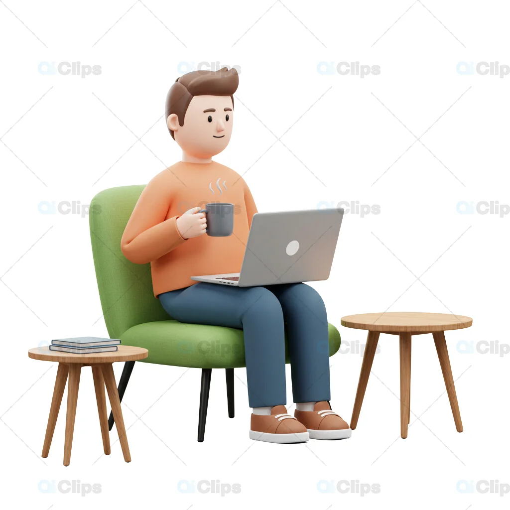 3D Man with Laptop and Coffee in Cozy Setting