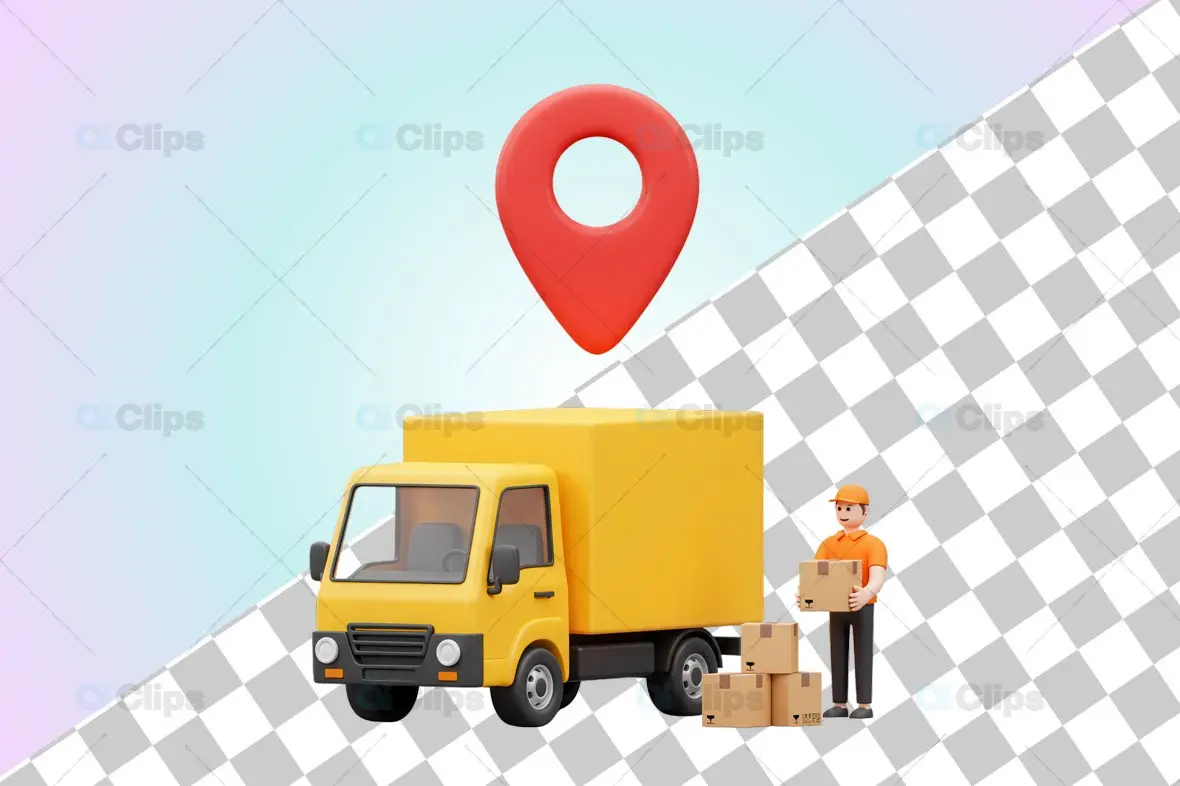 Delivery Truck with Courier and Location Pin