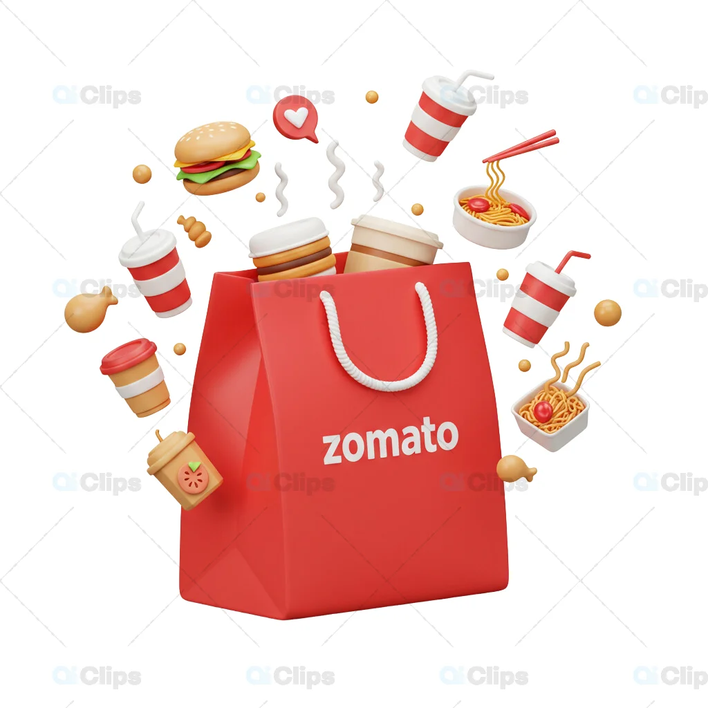 Zomato Red Delivery Bag with Floating Noodles and Drinks