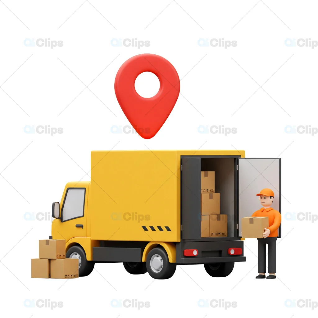 Delivery Truck 3D Illustration with Open Rear and Location Pin