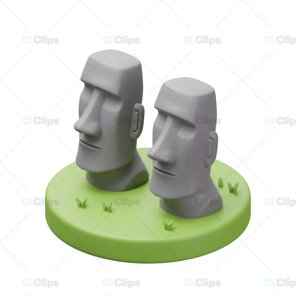 3D Easter Island Moai Statues with Grass Illustration