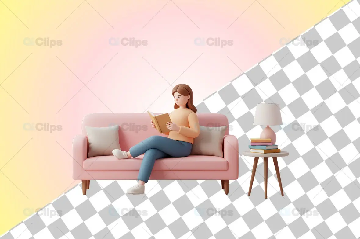 3D Female Character Reading on a Sofa
