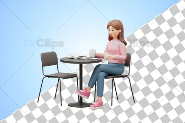 3D Female Character Relaxing with Coffee in Café