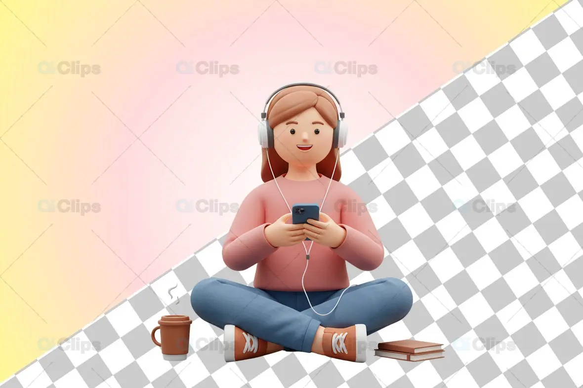 3D Female Character Listening to Music with Headphones