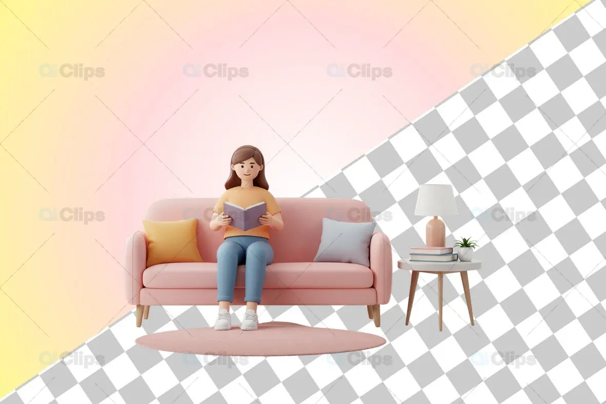 3D Female Character Reading on a Sofa with Decorative Setup