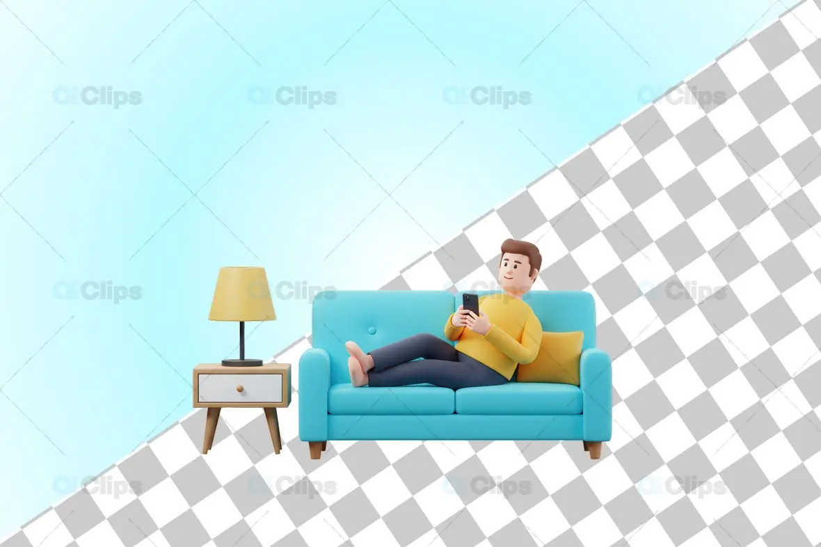 3D Relaxed Man Using Smartphone on Couch