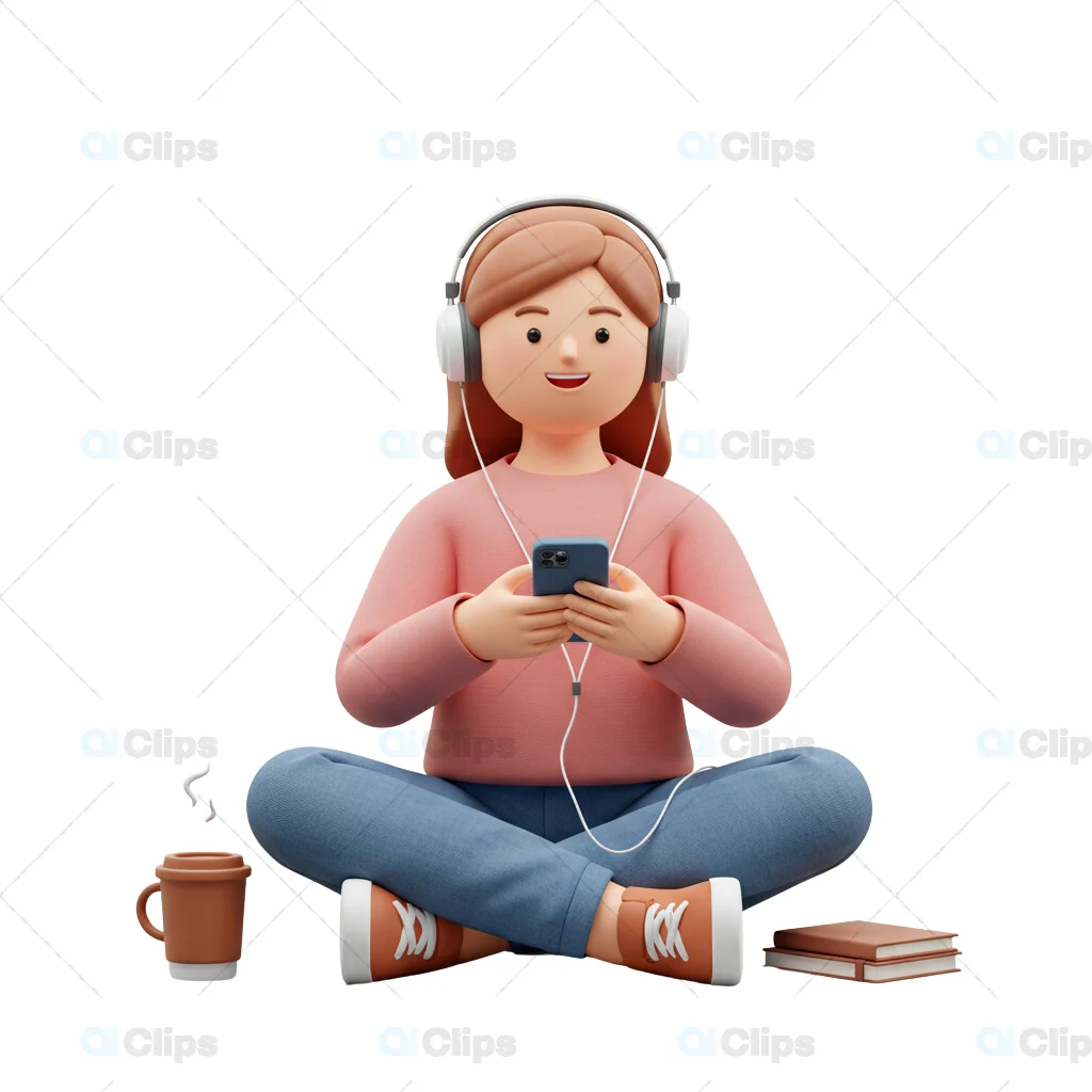 3D Female Character Listening to Music with Headphones